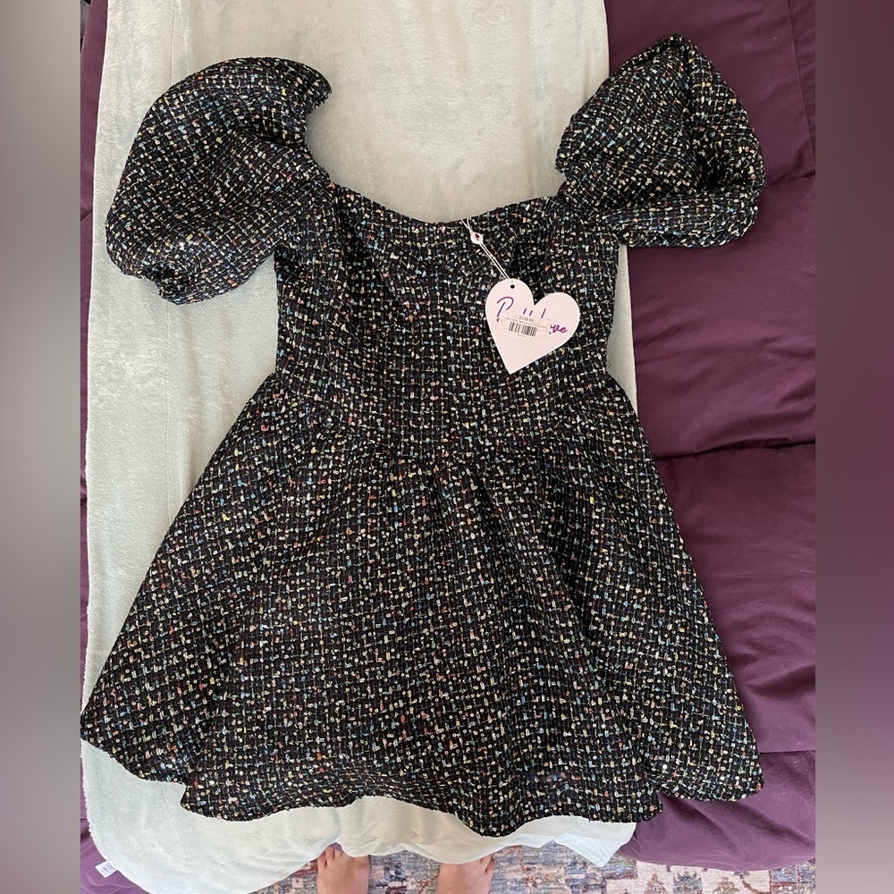 NWT Buddy Love Black Tweed Sequin Puff Sleeve Mini Dress Small - Picture 2 of 6